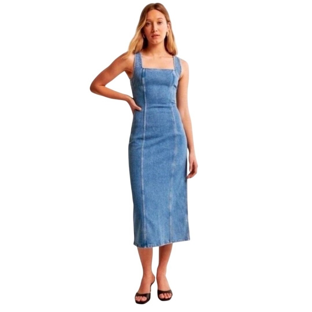 Abercrombie & Fitch Denim Midi Dress Blue Square Neck XSP Petite Bodycon